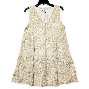 Rachel Zoe Linen Baby Doll Dress V-Neck Sleeveless Floral Beige Womens Medium